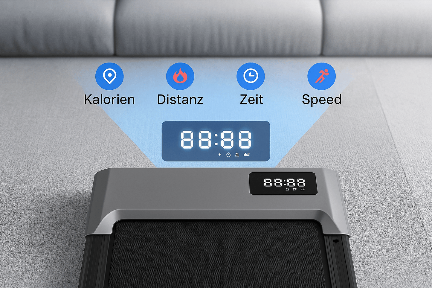 Laufband fürs Büro Display zeigt Kalorien, Distanz, Zeit und Speed für optimales Training.